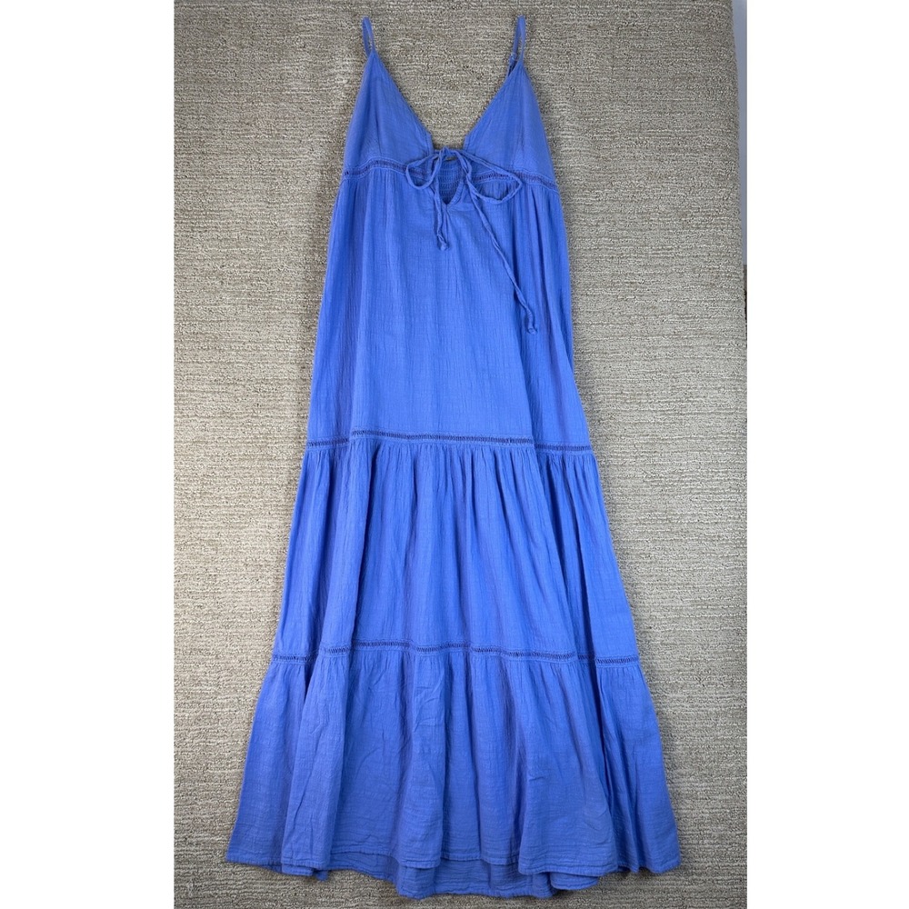 Blanco By Nature Blue Cotton Gauze Tiered Maxi Dress Womens Small Boho Smocked